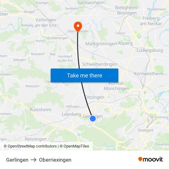 Gerlingen to Oberriexingen map