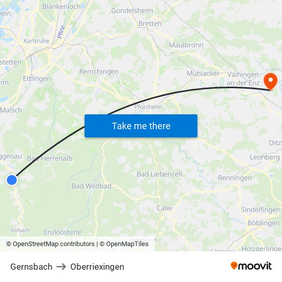 Gernsbach to Oberriexingen map