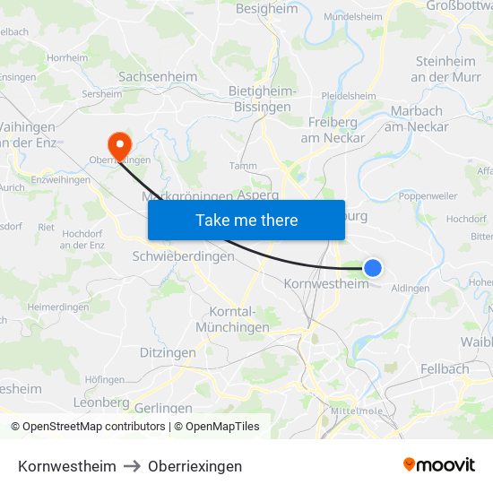 Kornwestheim to Oberriexingen map