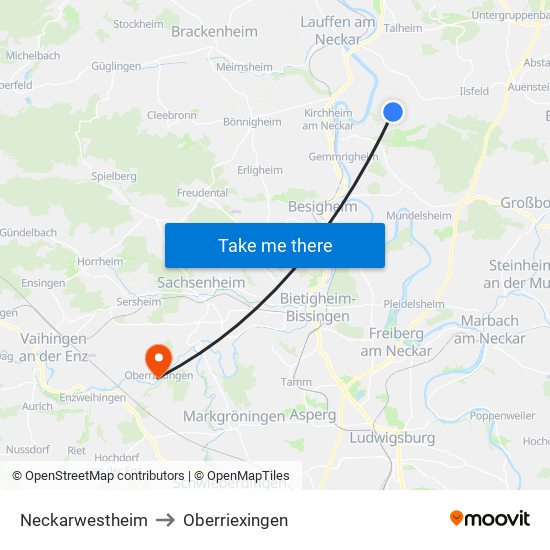 Neckarwestheim to Oberriexingen map