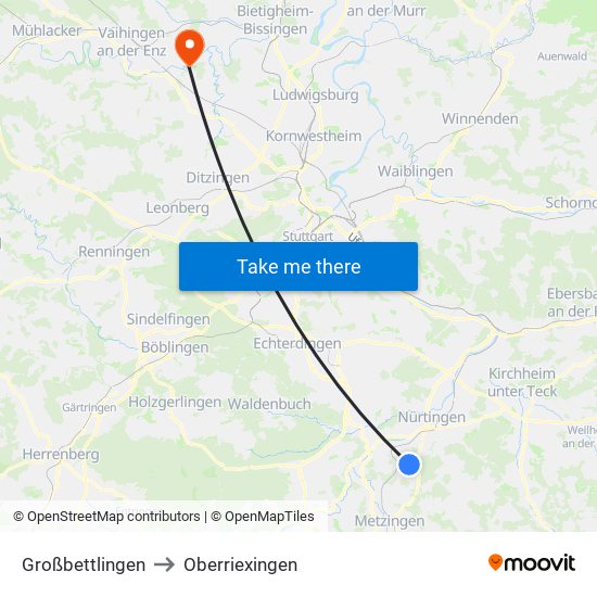 Großbettlingen to Oberriexingen map