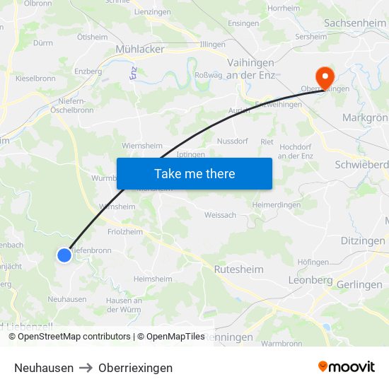 Neuhausen to Oberriexingen map