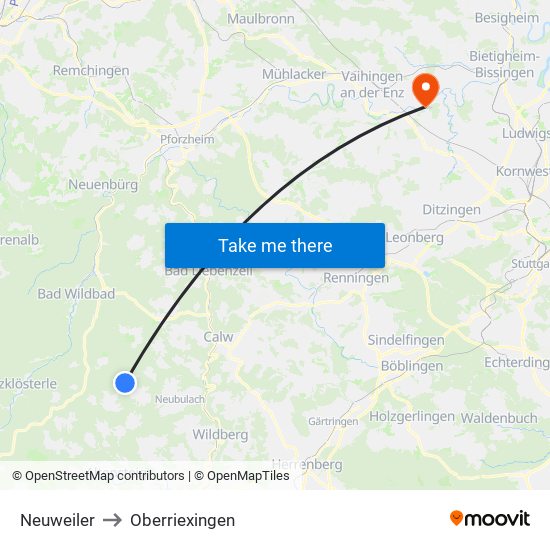 Neuweiler to Oberriexingen map