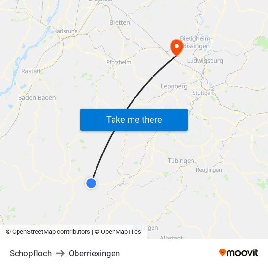 Schopfloch to Oberriexingen map