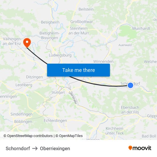 Schorndorf to Oberriexingen map