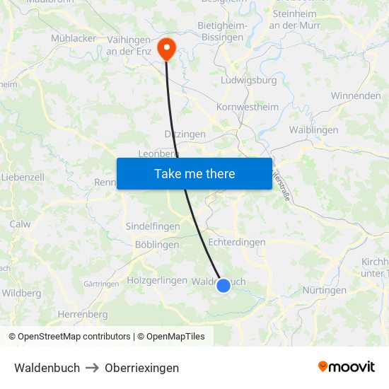 Waldenbuch to Oberriexingen map