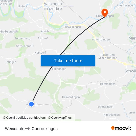 Weissach to Oberriexingen map