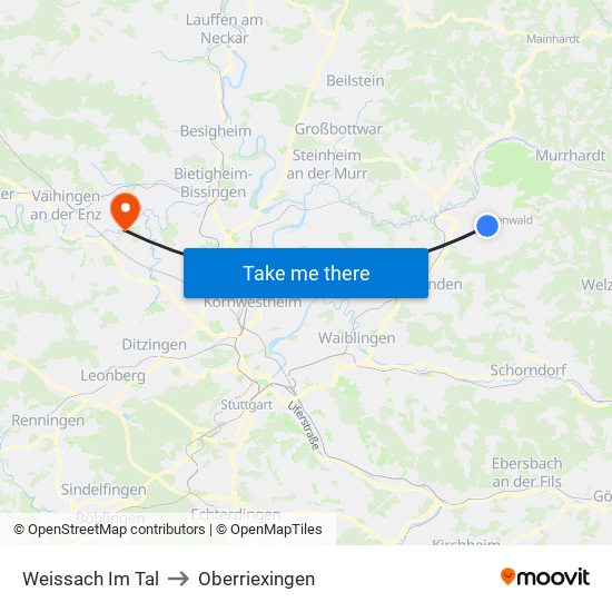 Weissach Im Tal to Oberriexingen map