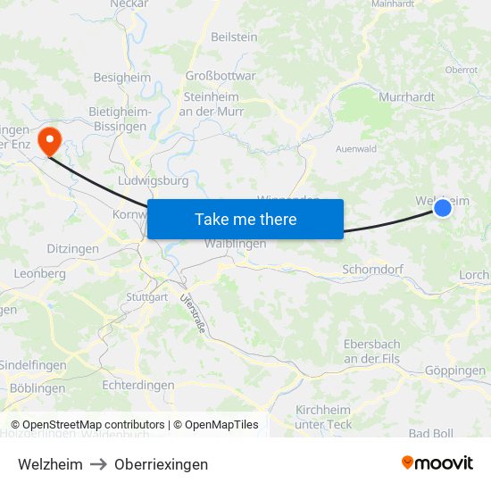 Welzheim to Oberriexingen map