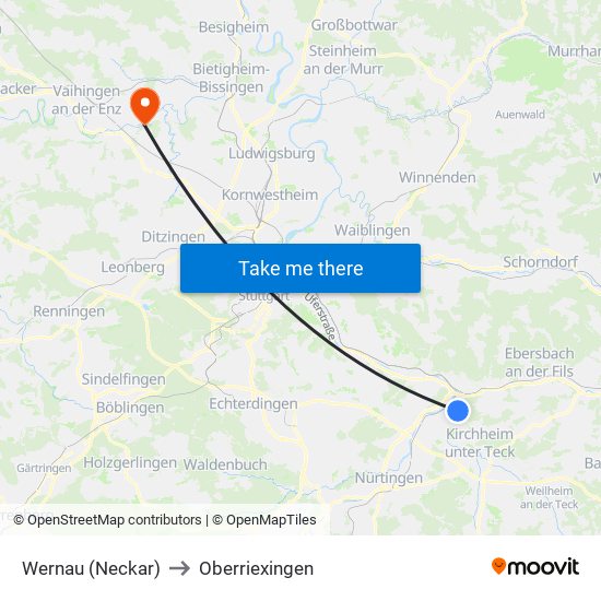 Wernau (Neckar) to Oberriexingen map