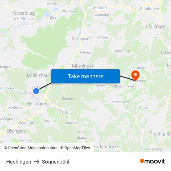 Hechingen to Sonnenbühl map