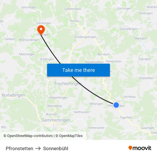 Pfronstetten to Sonnenbühl map