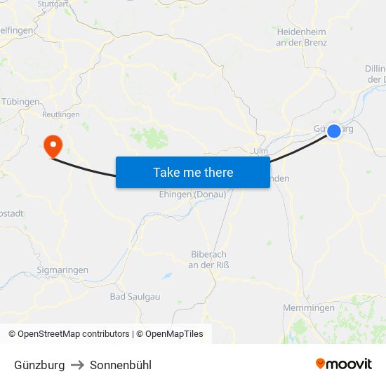 Günzburg to Sonnenbühl map