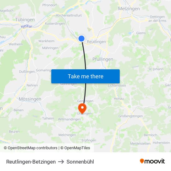 Reutlingen-Betzingen to Sonnenbühl map