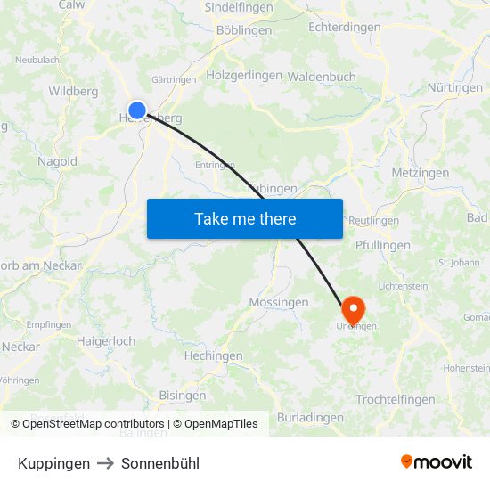 Kuppingen to Sonnenbühl map