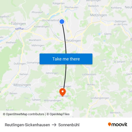 Reutlingen-Sickenhausen to Sonnenbühl map