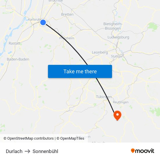Durlach to Sonnenbühl map
