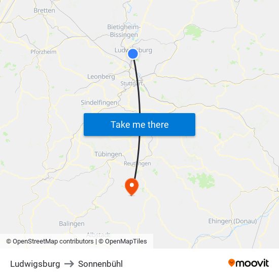 Ludwigsburg to Sonnenbühl map