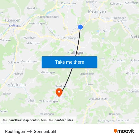 Reutlingen to Sonnenbühl map