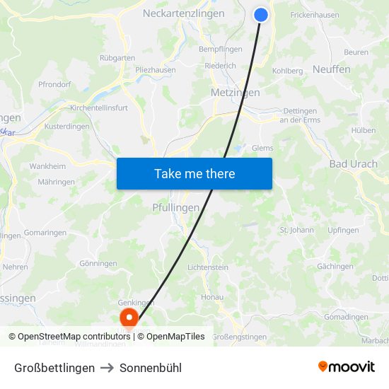 Großbettlingen to Sonnenbühl map