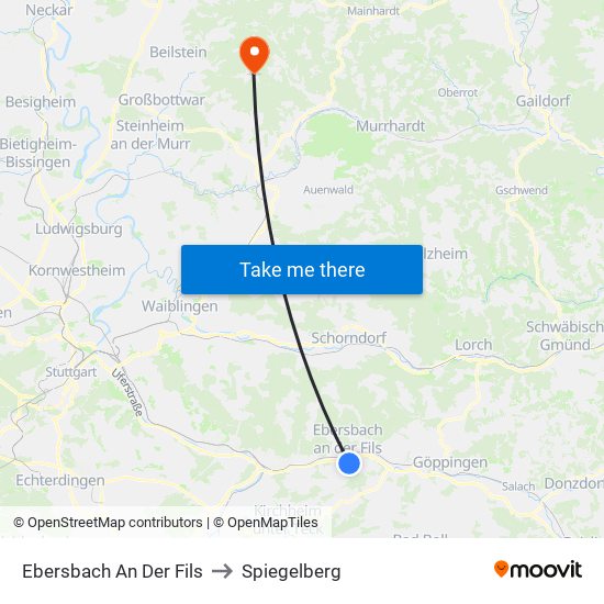Ebersbach An Der Fils to Spiegelberg map