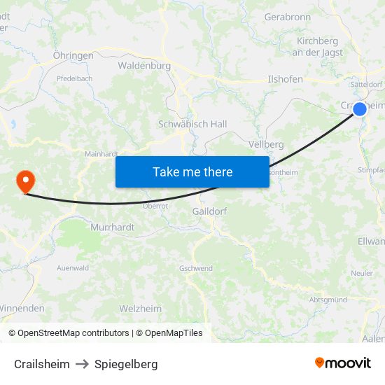 Crailsheim to Spiegelberg map