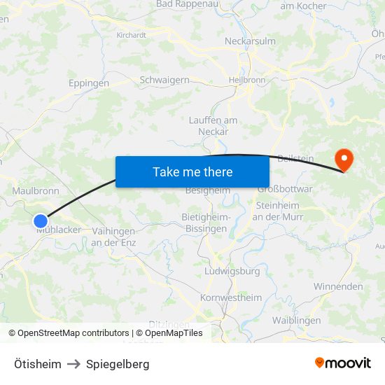 Ötisheim to Spiegelberg map