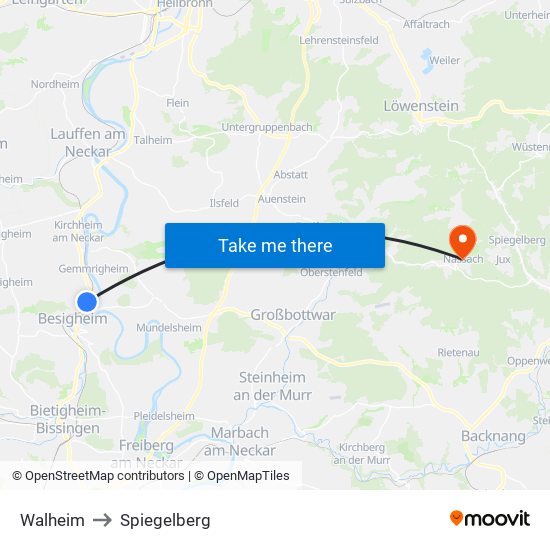 Walheim to Spiegelberg map