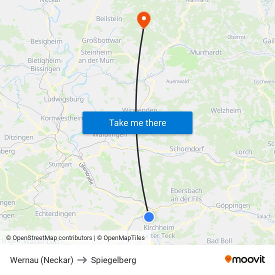Wernau (Neckar) to Spiegelberg map