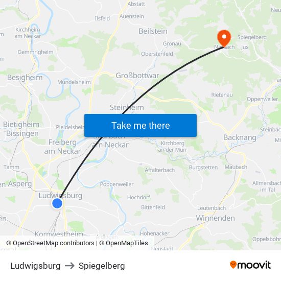 Ludwigsburg to Spiegelberg map