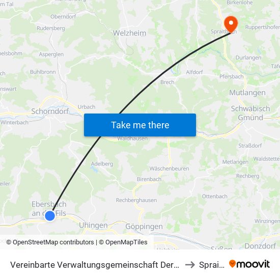 Vereinbarte Verwaltungsgemeinschaft Der Stadt Ebersbach An Der Fils to Spraitbach map