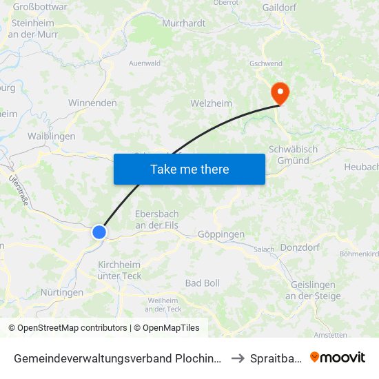 Gemeindeverwaltungsverband Plochingen to Spraitbach map