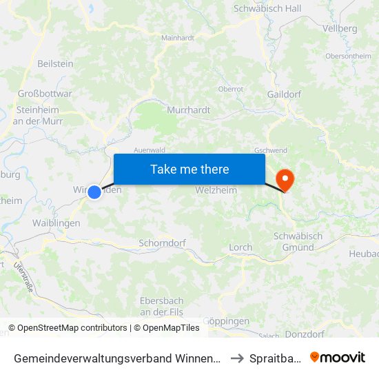 Gemeindeverwaltungsverband Winnenden to Spraitbach map