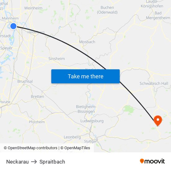 Neckarau to Spraitbach map