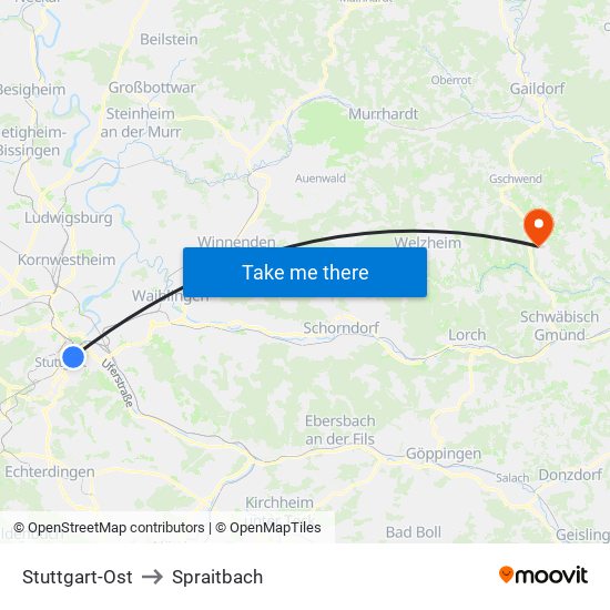 Stuttgart-Ost to Spraitbach map