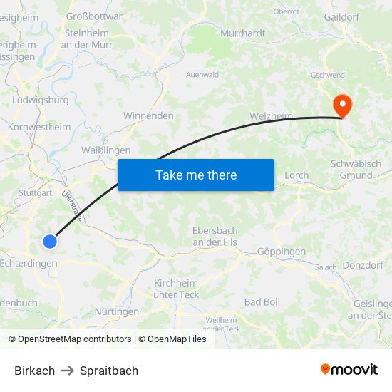 Birkach to Spraitbach map