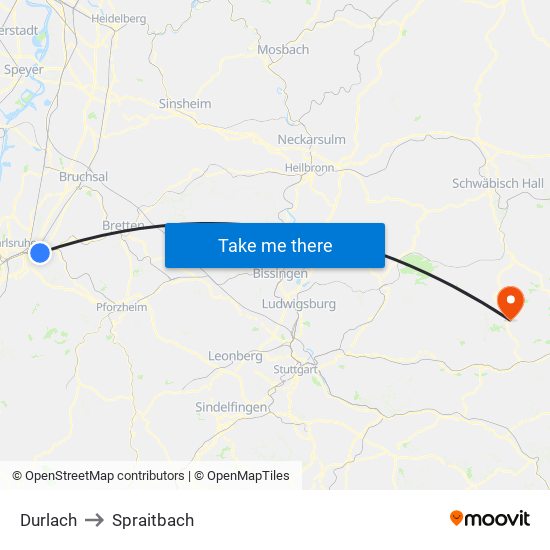 Durlach to Spraitbach map