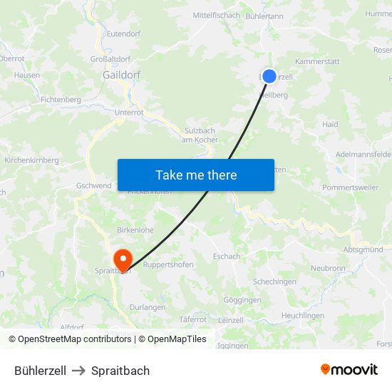 Bühlerzell to Spraitbach map