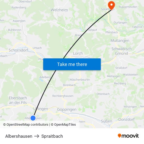 Albershausen to Spraitbach map