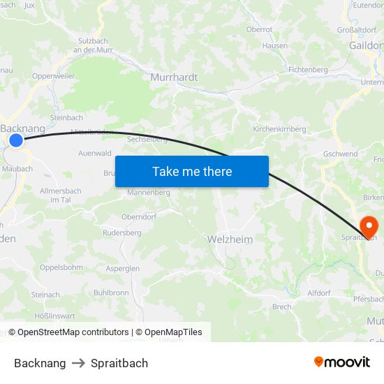 Backnang to Spraitbach map