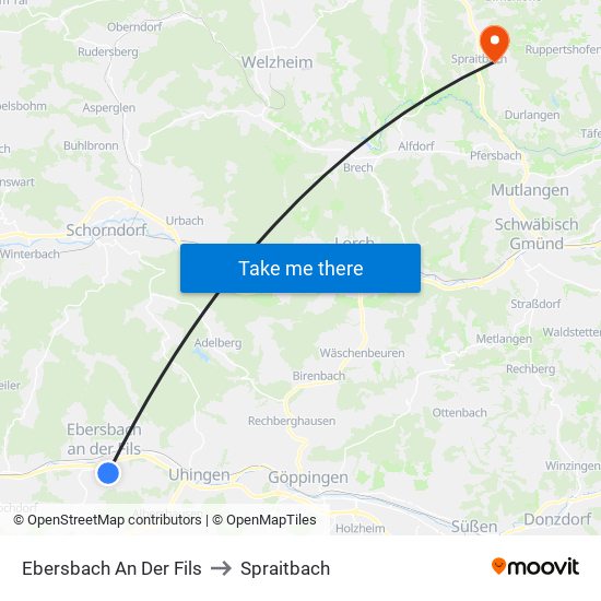 Ebersbach An Der Fils to Spraitbach map