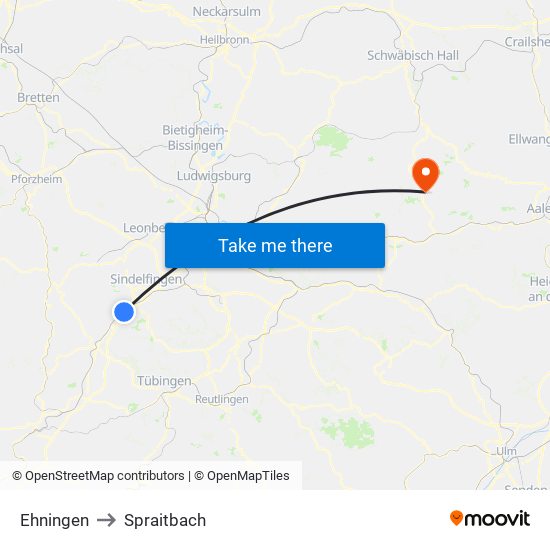 Ehningen to Spraitbach map