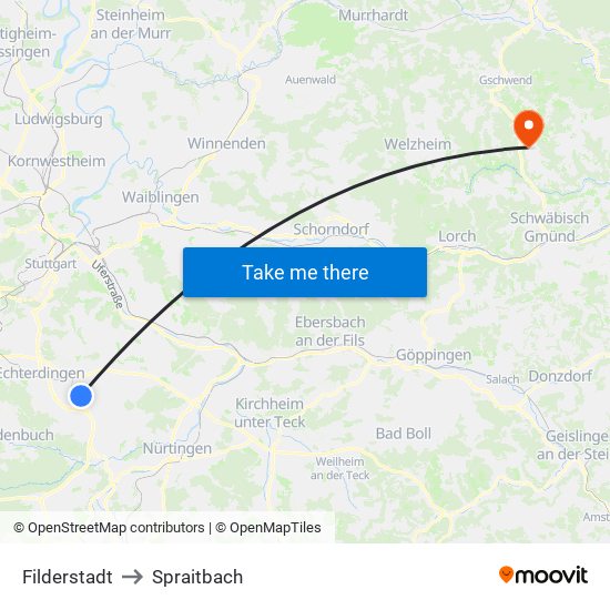 Filderstadt to Spraitbach map