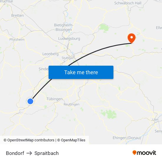 Bondorf to Spraitbach map