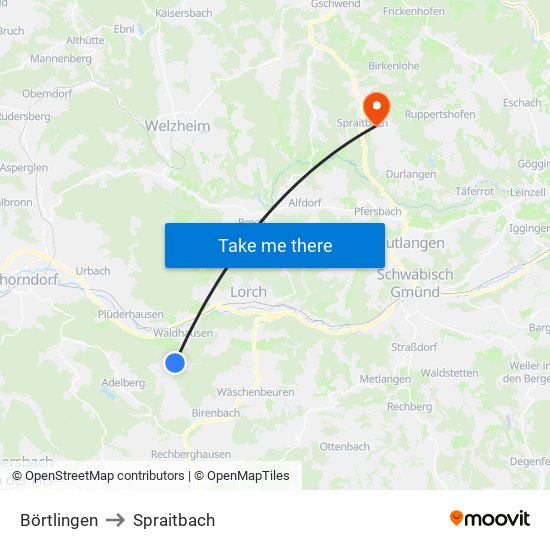 Börtlingen to Spraitbach map
