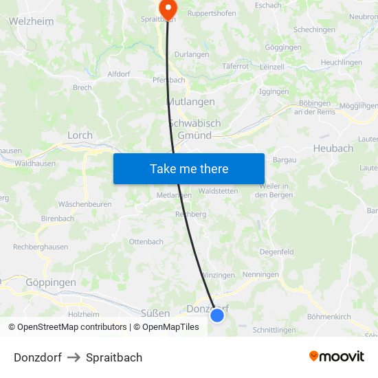 Donzdorf to Spraitbach map