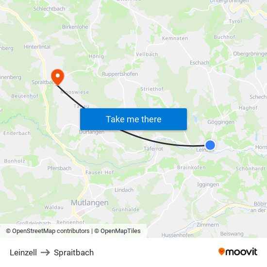 Leinzell to Spraitbach map