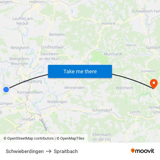 Schwieberdingen to Spraitbach map