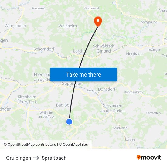 Gruibingen to Spraitbach map