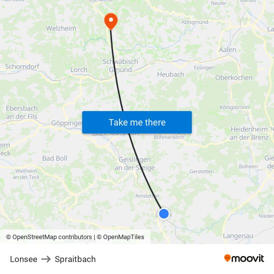 Lonsee to Spraitbach map